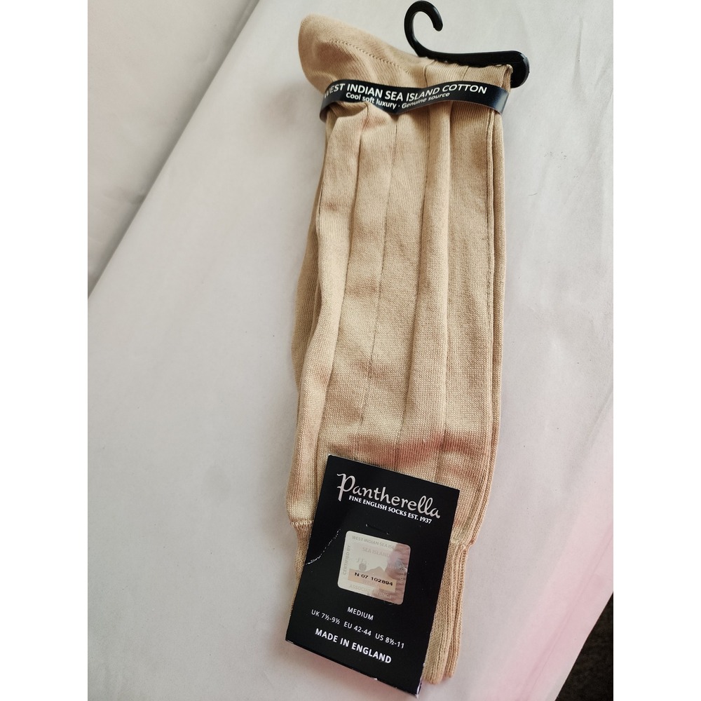 Pantherella West Indian Sea Island Cotton Ribbed Dress Socks Tan Beige Medium